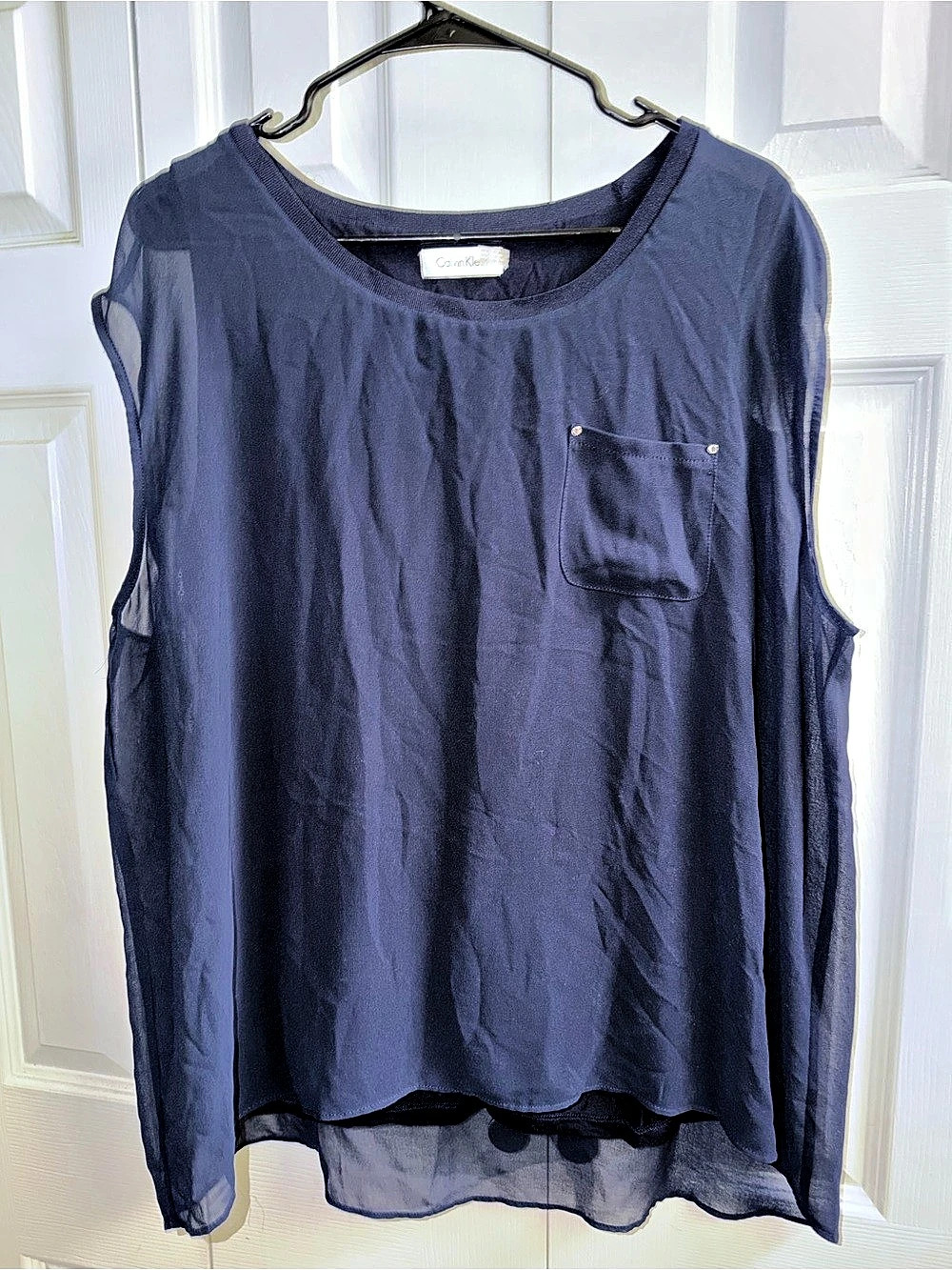 Calvin Klein Sheer Sleeve Blouse in Blue Like New